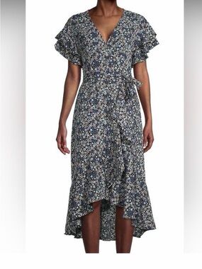 Max Studio Navy Floral Wrap Midi Dress